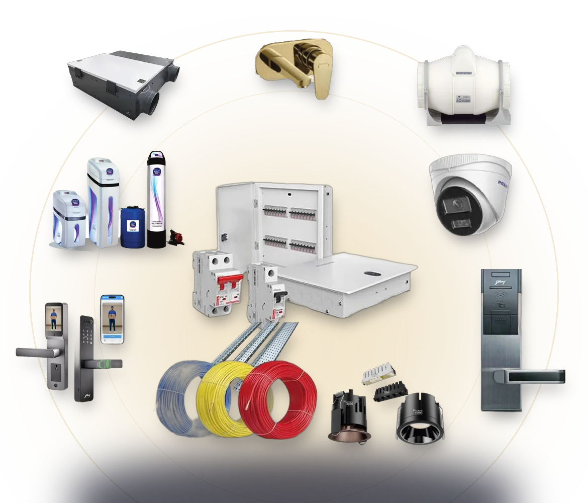 Fans, ventilation, water softeners, bath fittings, Godrej locks, pumps, switchgear and CCTV